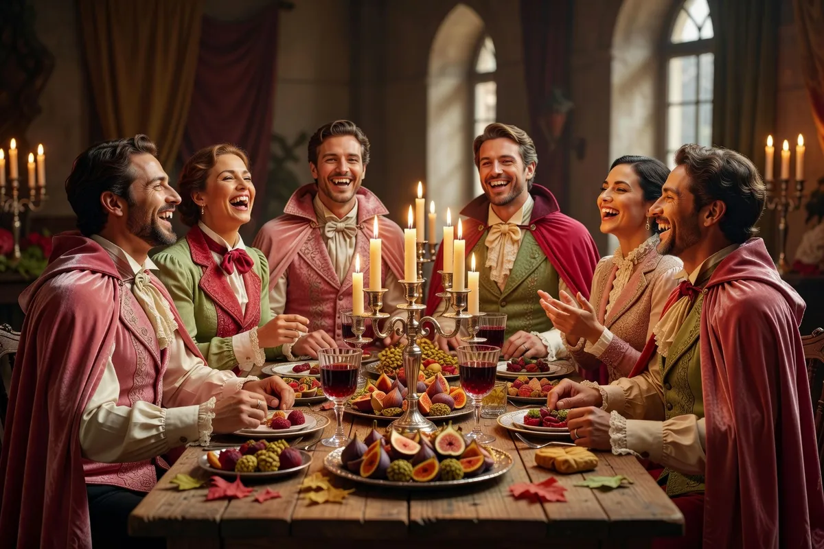 Des amis en capes et en costumes de vampires rient autour d’une table éclairée à la bougie