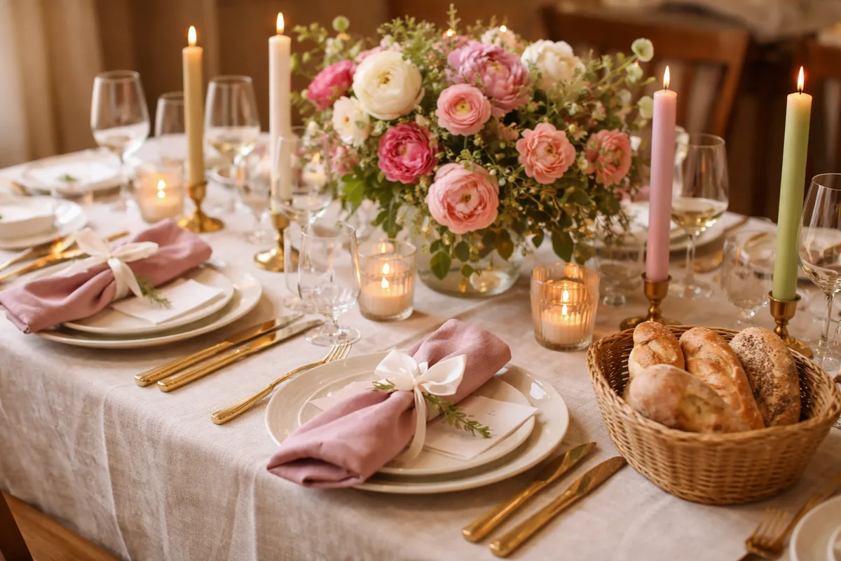Une table accueillante avec serviettes pliées, marque-places, bougies, un bouquet de fleurs, des verres et une corbeille de pain