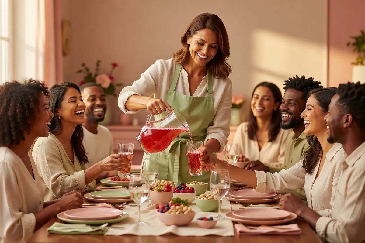 Une hôtesse verse un jus pétillant à des invités souriants réunis autour d’une table dressée