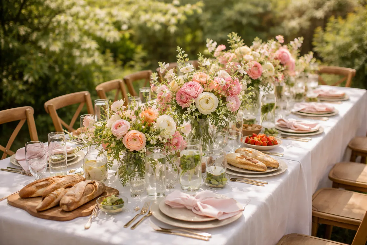 Une longue table dressée dans un jardin, avec nappe blanche, bouquets de fleurs, pains et carafes