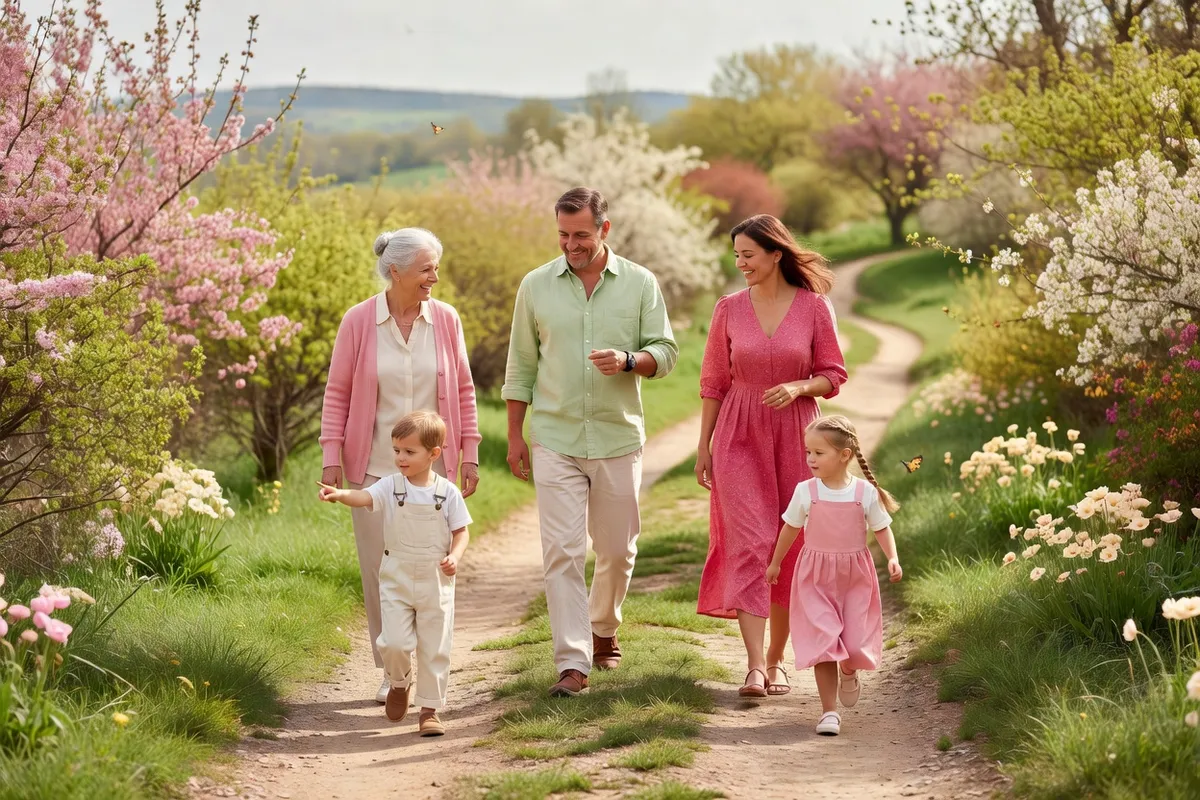 Une famille de plusieurs générations marche sur un chemin de campagne bordé d’arbres en fleurs