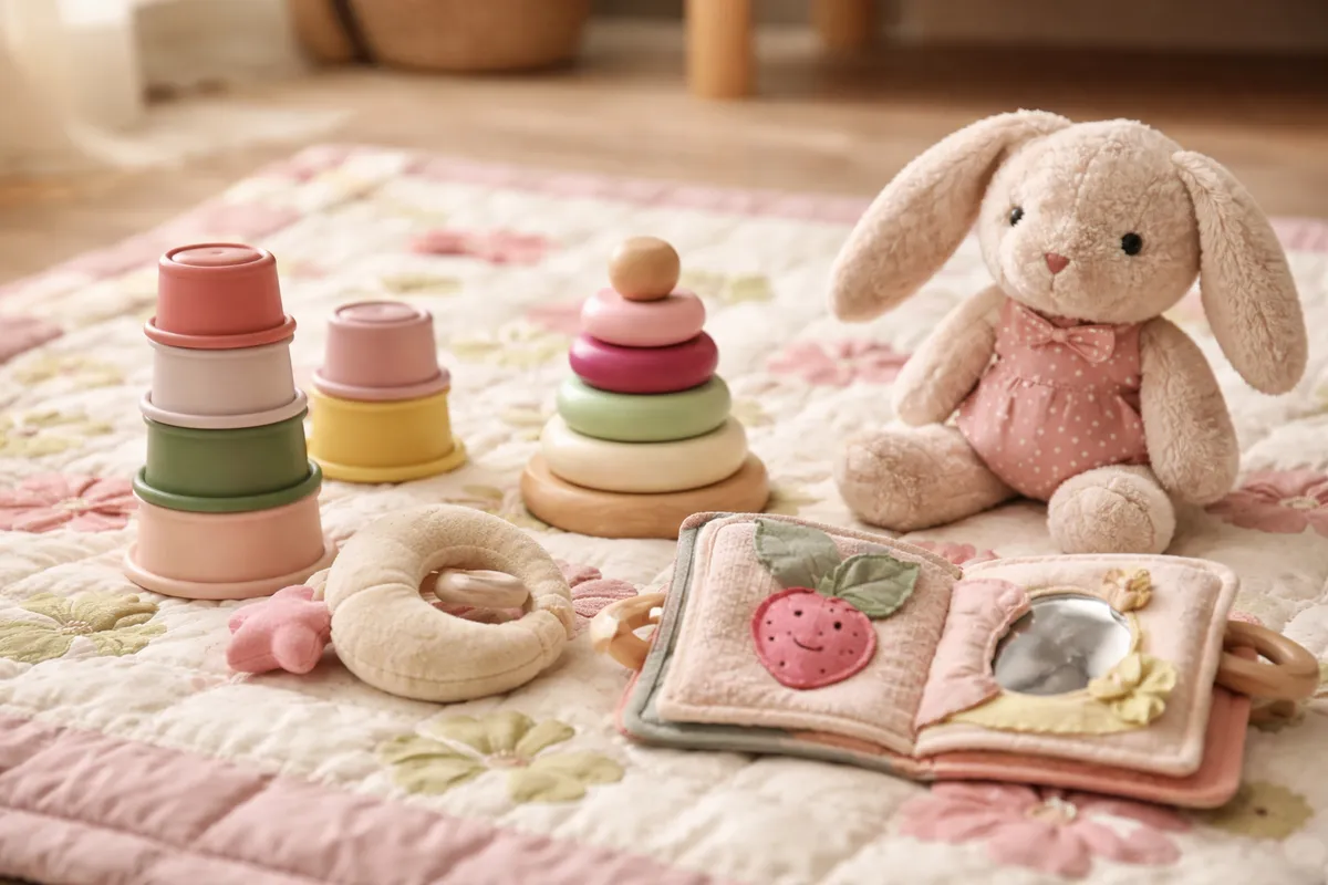 Des gobelets à empiler, une pyramide d’anneaux, un lapin en peluche et un livre en tissu posés sur un tapis matelassé