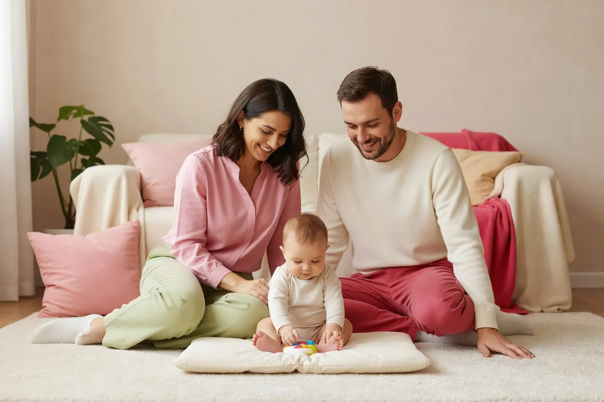 Un père et une mère assis par terre dans un salon, avec leur bébé entre eux
