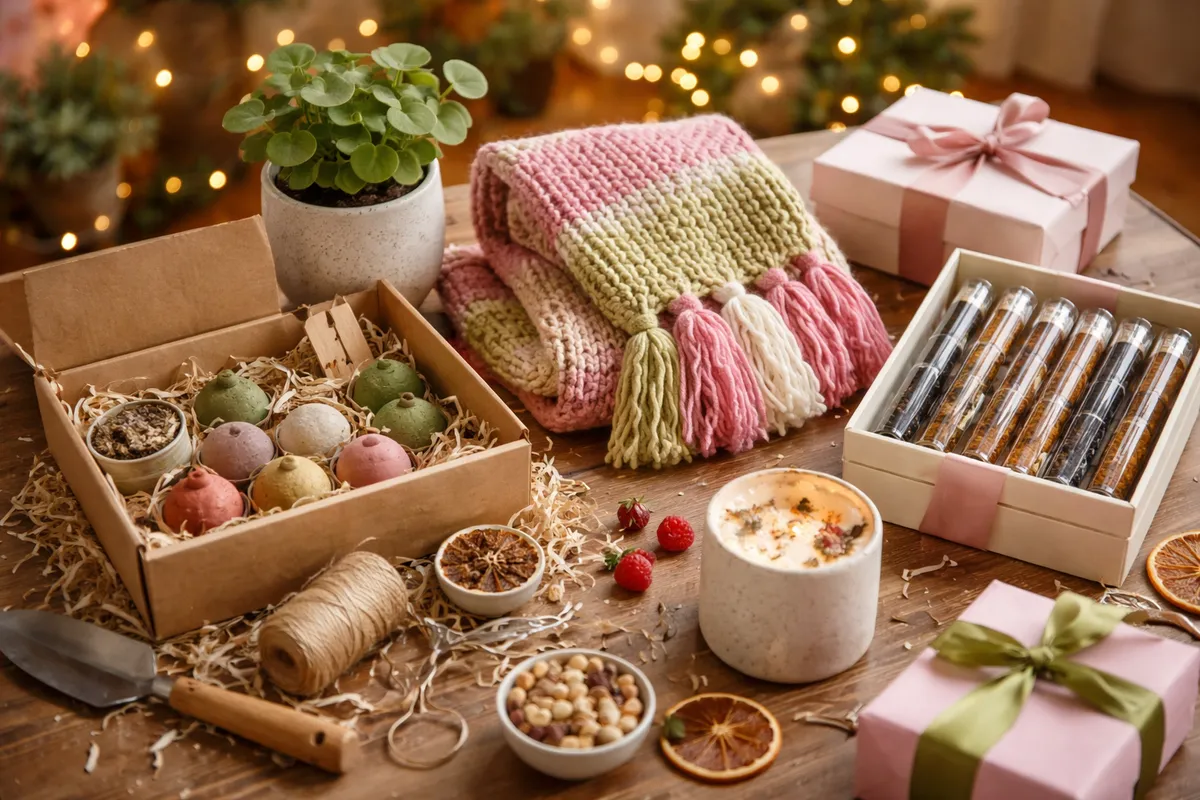 Une table couverte d’idées de cadeaux : une boîte garnie, une écharpe tricotée rose, des tubes de dégustation, une bougie, une petite plante et des paquets