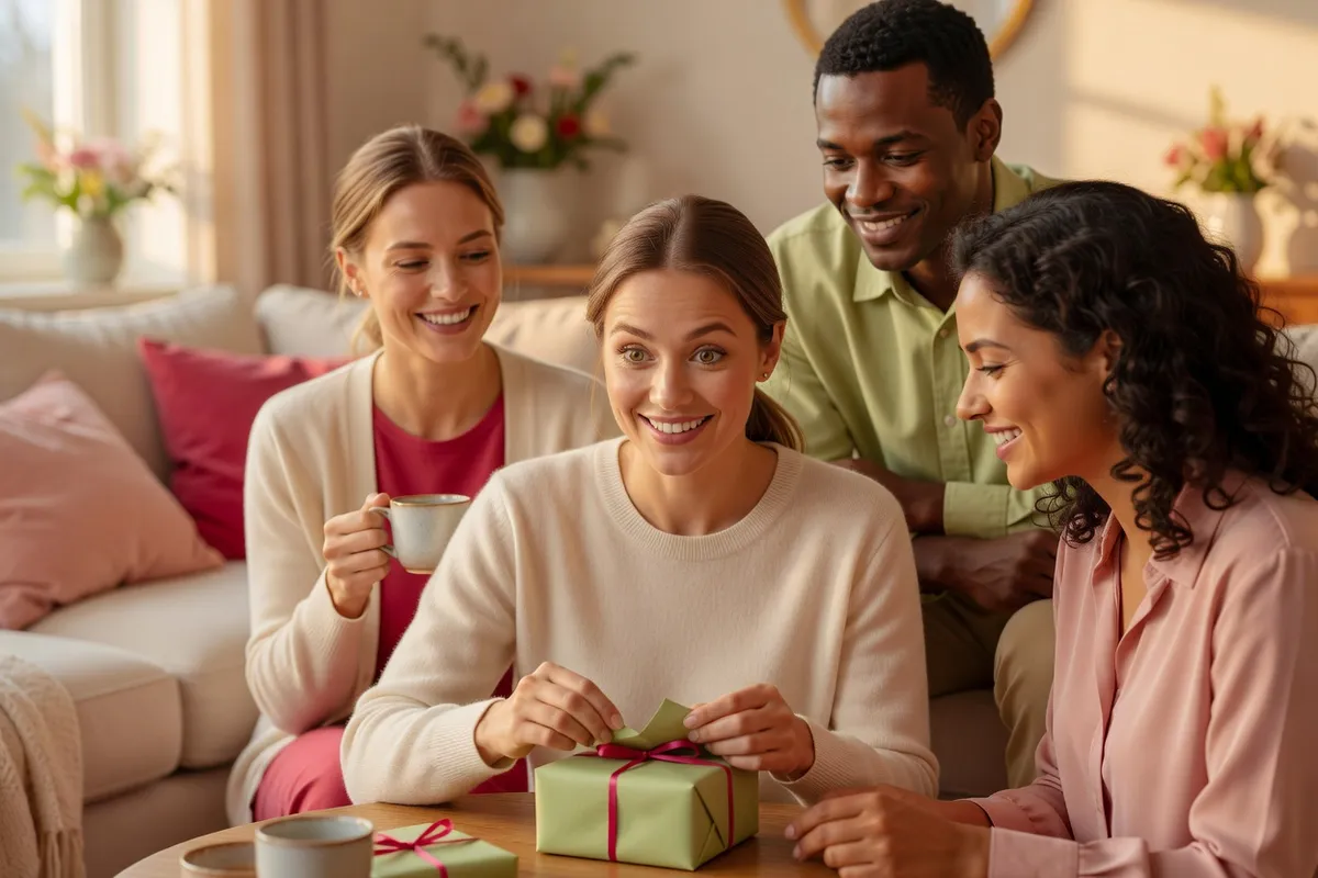 Quatre amis assis sur un canapé ouvrent des cadeaux en riant, des tasses devant eux