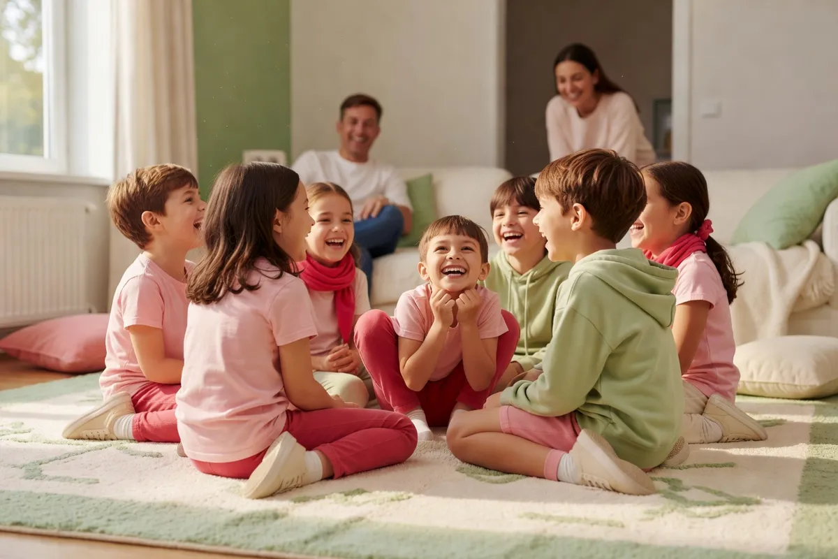 Enfants riant pendant un jeu de mimes dans un salon décoré pour un anniversaire