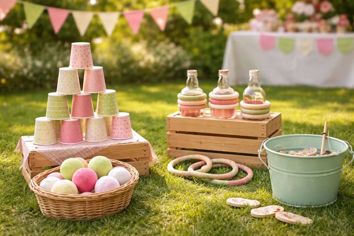 Des jeux d’adresse faits maison sur une pelouse : pyramide de gobelets, balles de tissu dans un panier, anneaux sur une bouteille et une bassine pour la pêche