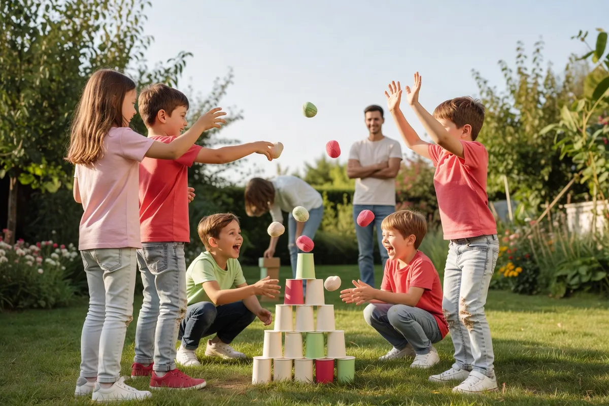 Des enfants lancent des balles de chaussettes sur une pyramide de gobelets dans un jardin, l’un d’eux lève les bras en riant