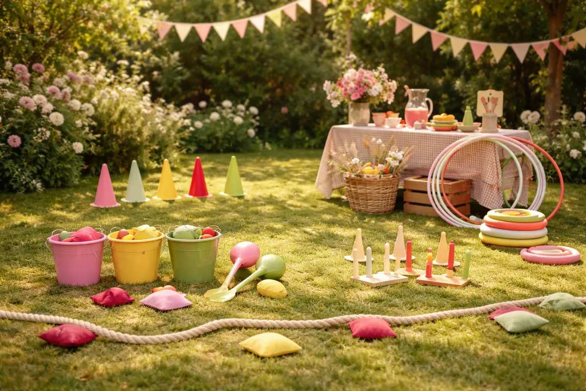 Un jardin équipé pour les jeux d’extérieur : cerceaux, cônes, seaux, cuillères et une longue corde posée sur la pelouse