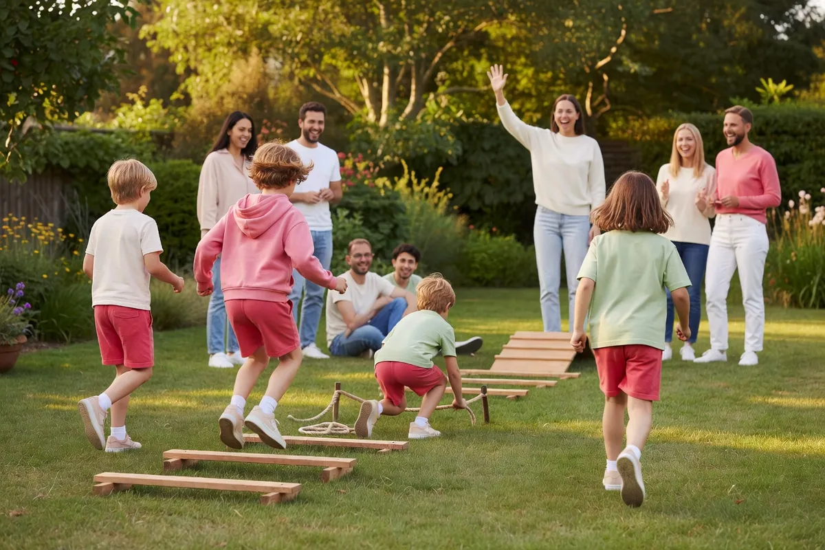 Quelques enfants courent à travers un parcours d’obstacles dans un jardin, un parent applaudit à l’arrivée