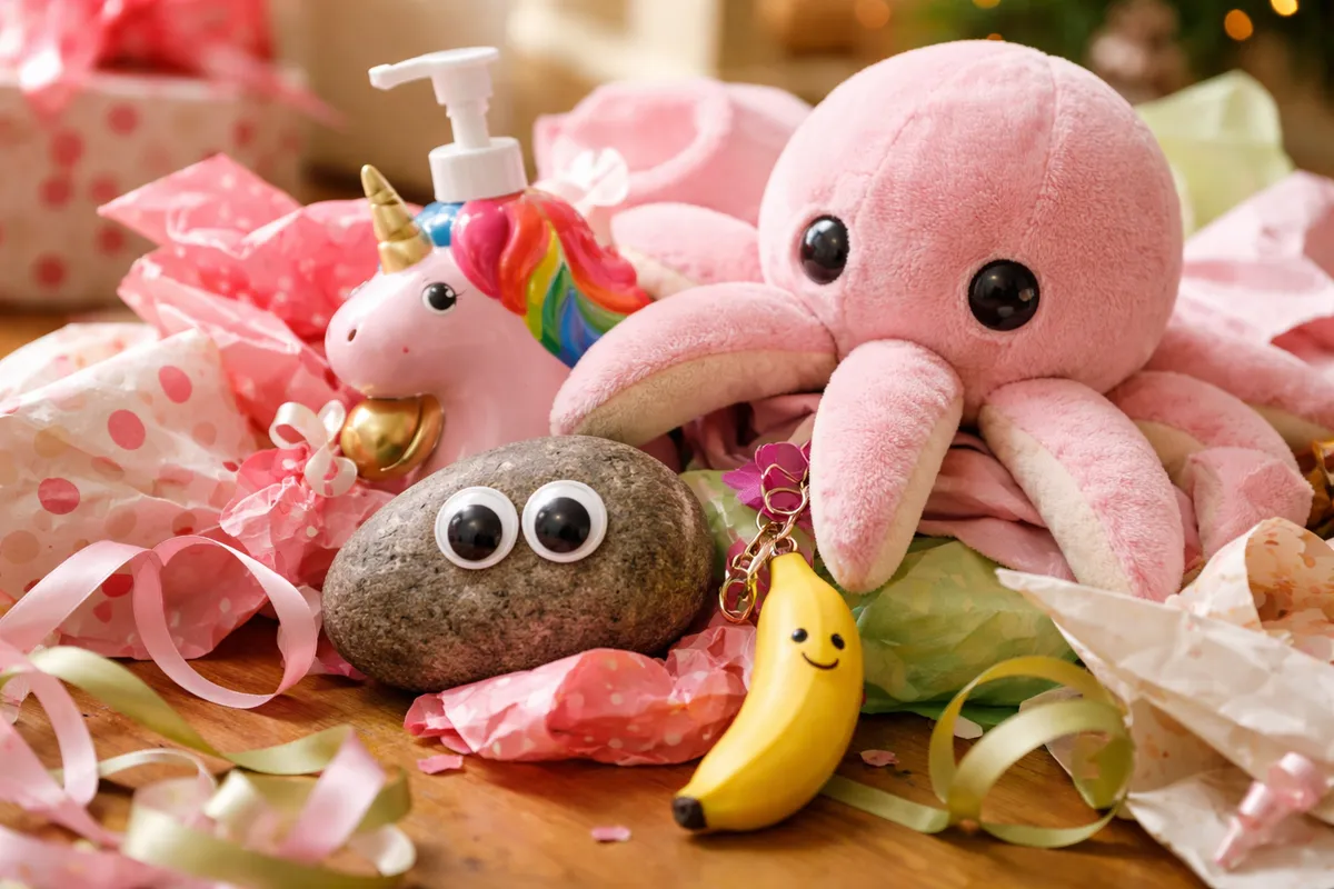 Un tas de papiers cadeaux d’où sortent un caillou aux yeux mobiles, une licorne distributrice de savon, une peluche de pieuvre et un porte-clés en forme de banane