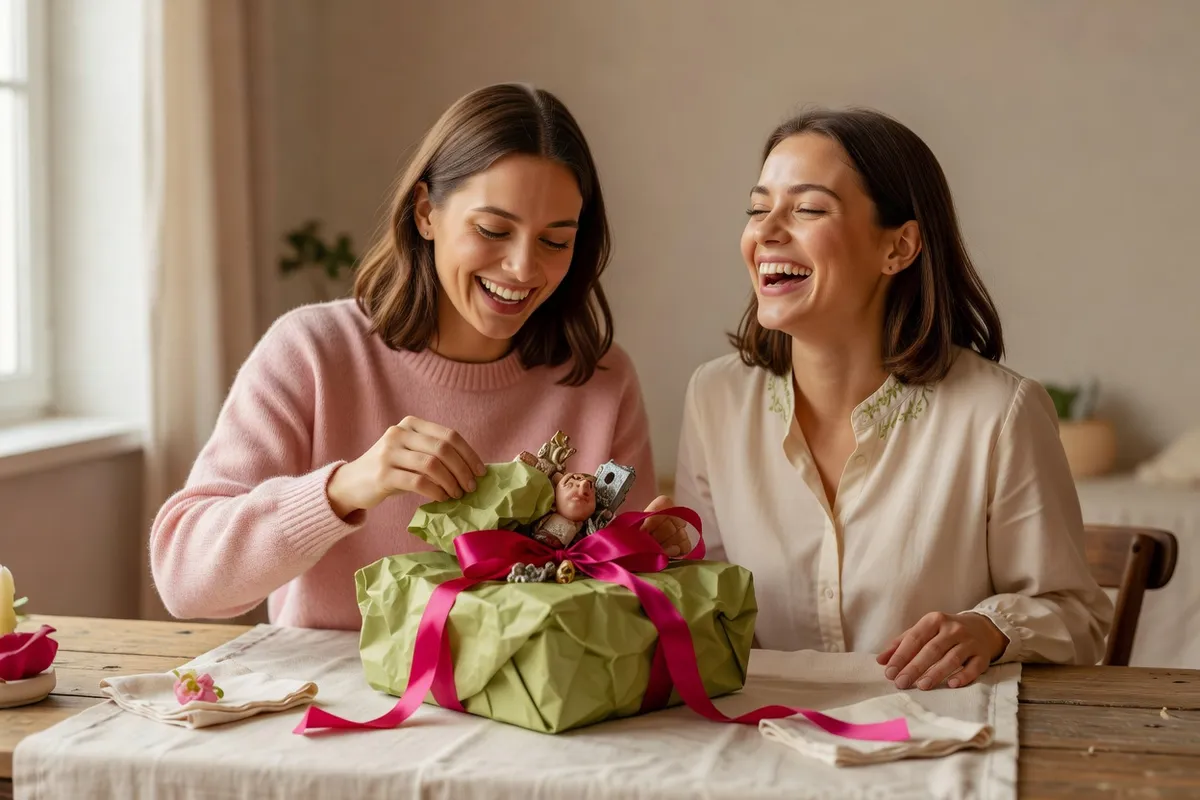 Deux amies rient en ouvrant un paquet vert à ruban rose, à une table en bois