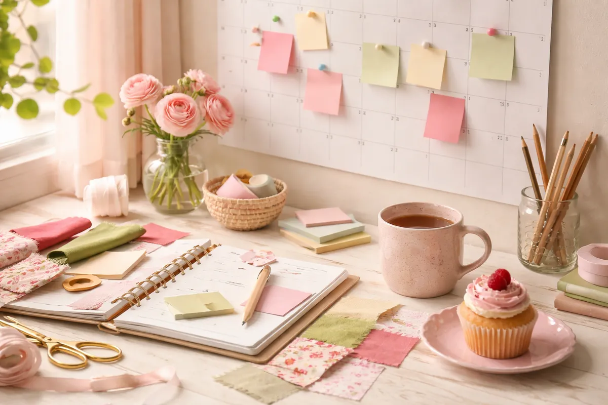 Un bureau de planification avec calendrier mural, notes adhésives colorées, échantillons de tissu, une tasse de thé et un petit gâteau