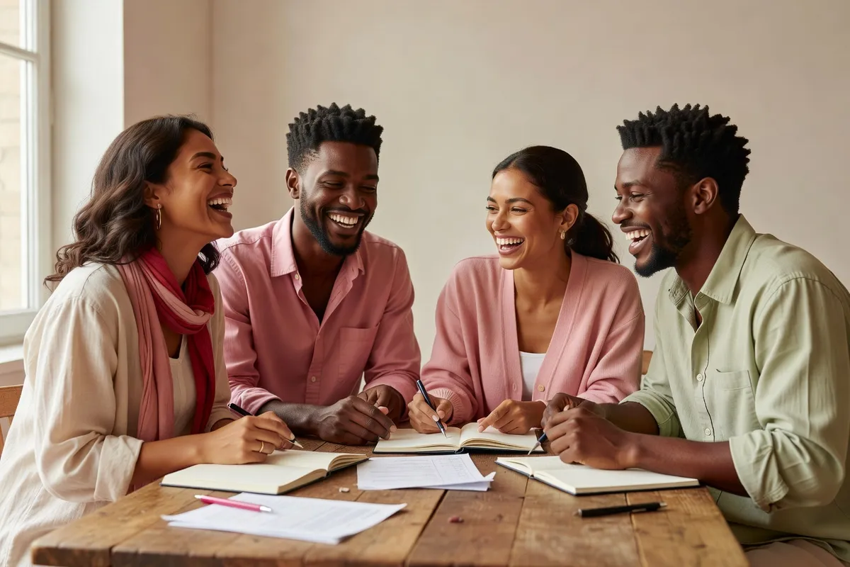 Un groupe d’amis adultes assis autour d’une table avec des carnets, se répartissant les tâches en riant