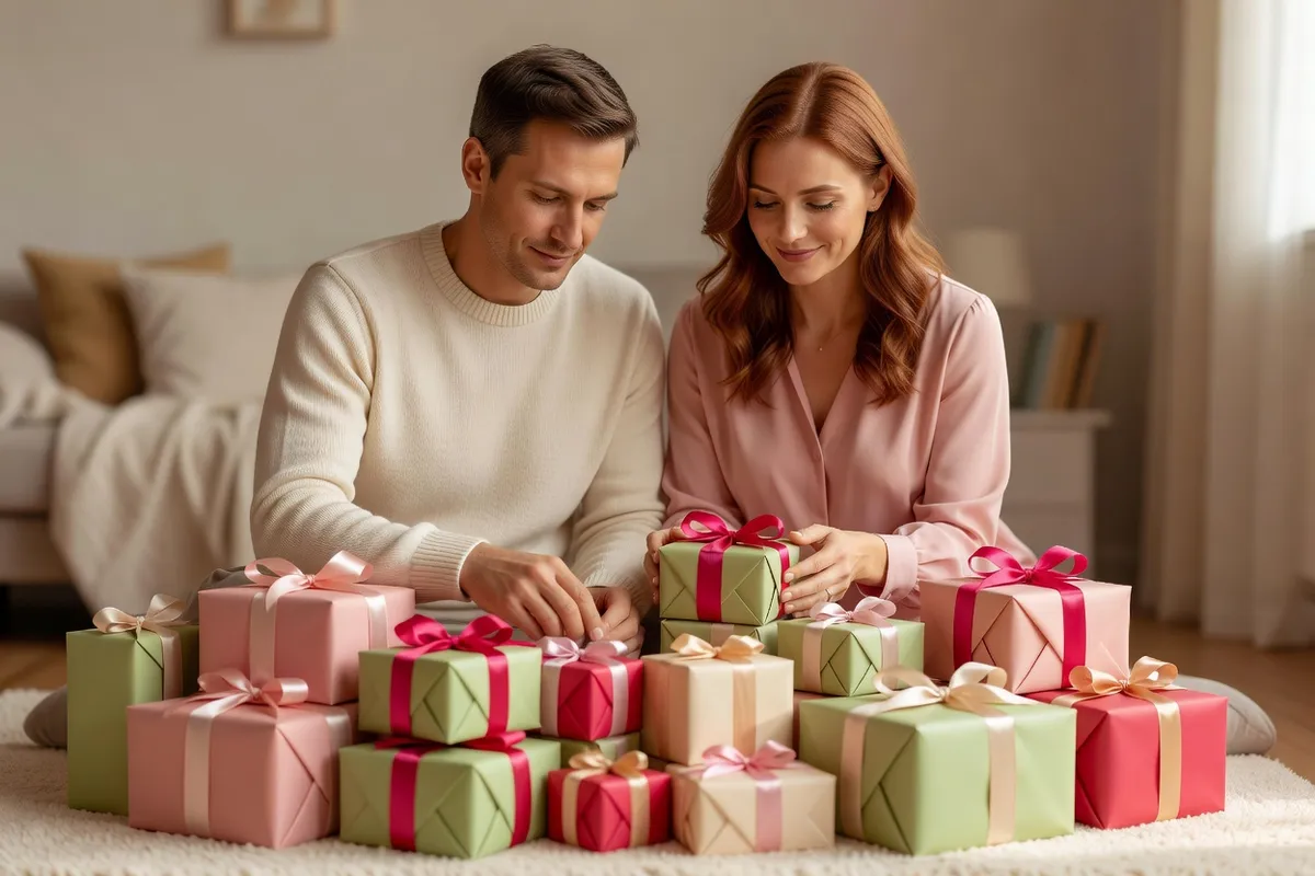 Un père et une mère choisissent ensemble parmi une pile de cadeaux emballés, dans un salon