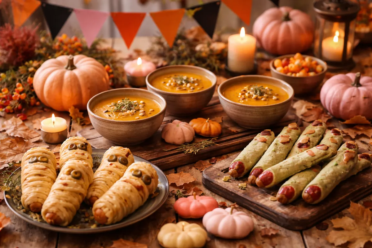 Une table d’Halloween avec des bols de velouté de potiron, des momies en feuilleté, des doigts de sorcière, des potirons et des fanions