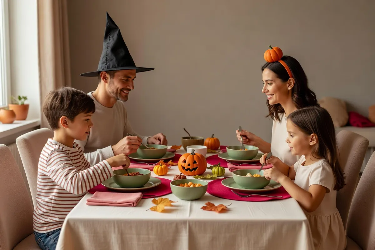 Une famille en déguisements simples dîne autour d’une table décorée de citrouilles, les enfants en vêtements du quotidien