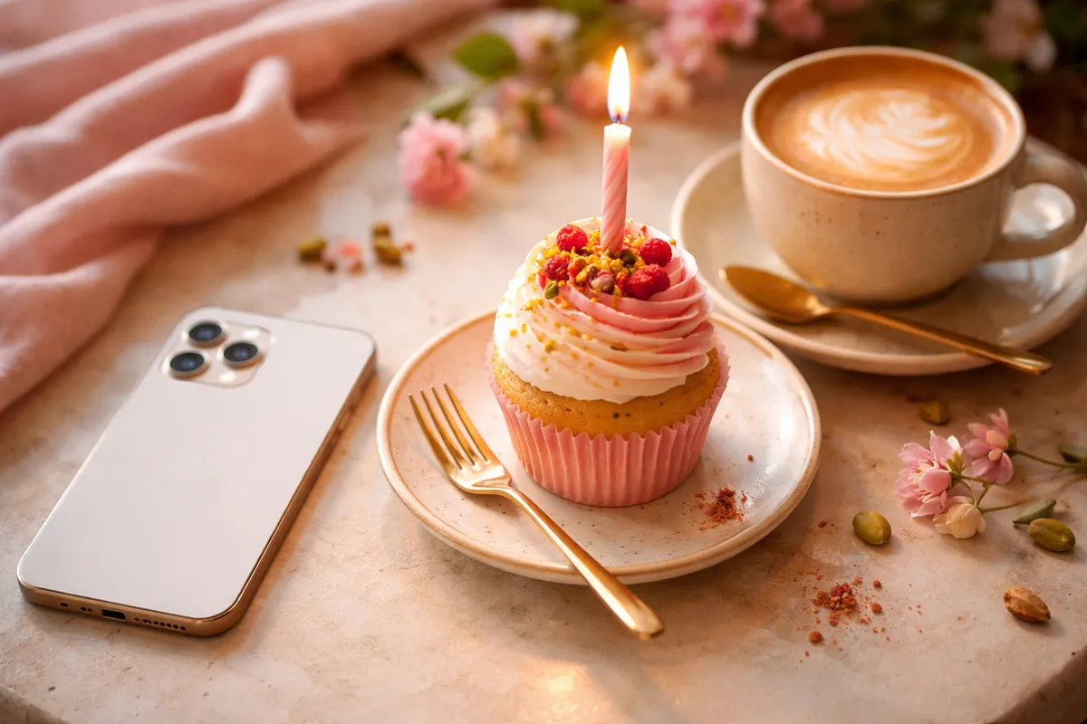 Un téléphone, un cupcake surmonté d’une bougie et un cappuccino posés sur une table parmi des fleurs roses
