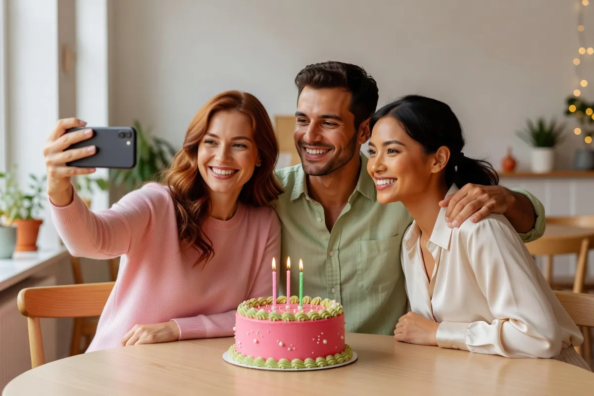 Trois amis posent pour un selfie devant un gâteau rose à bougies sur une table ronde