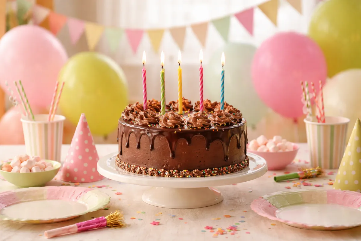 Un gâteau au chocolat fait maison orné de cinq bougies colorées sur une table avec des assiettes en carton, des ballons et une guirlande de papier