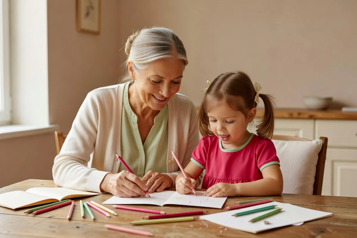 Une grand-mère et sa petite-fille de cinq ans fabriquent ensemble une carte avec des crayons de couleur sur une table de cuisine