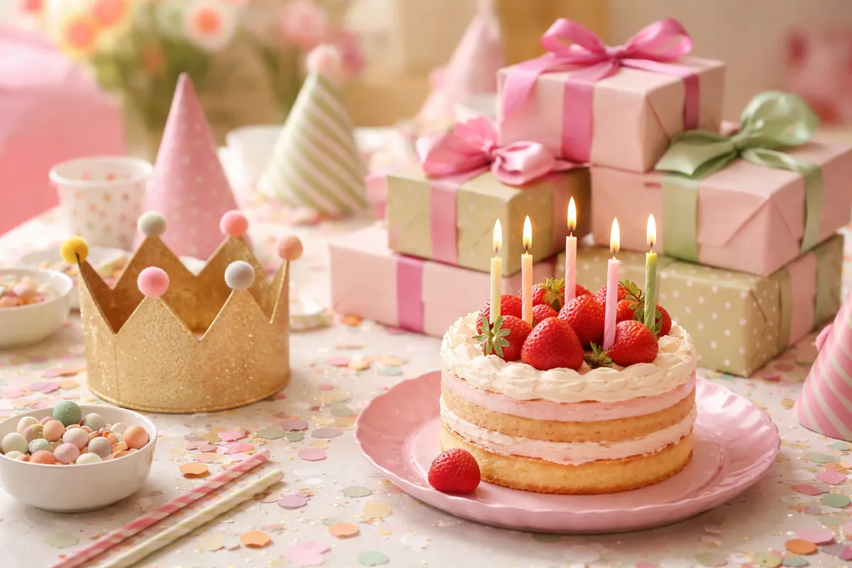 Un petit gâteau d’anniversaire garni de quatre bougies et de fraises, posé sur une assiette pastel avec une couronne en papier et une pile de cadeaux emballés