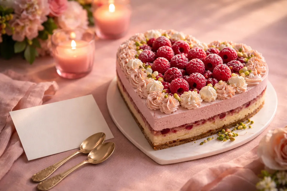 Un gâteau en forme de cœur garni de framboises, deux cuillères et une carte blanche pliée sur une nappe rose à la lumière du soir