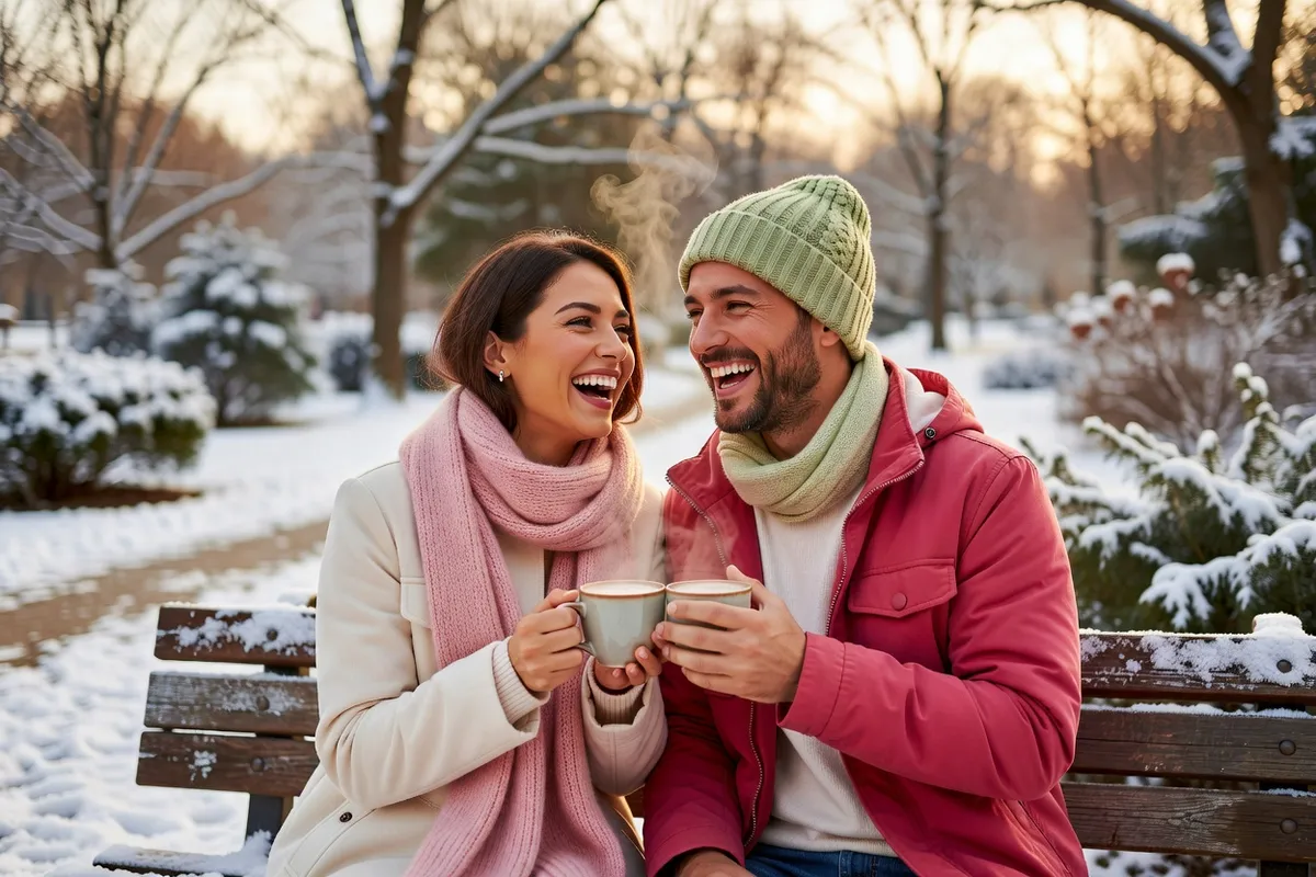Un couple d’une trentaine d’années partage un chocolat chaud sur un banc d’un parc en hiver et rit aux éclats