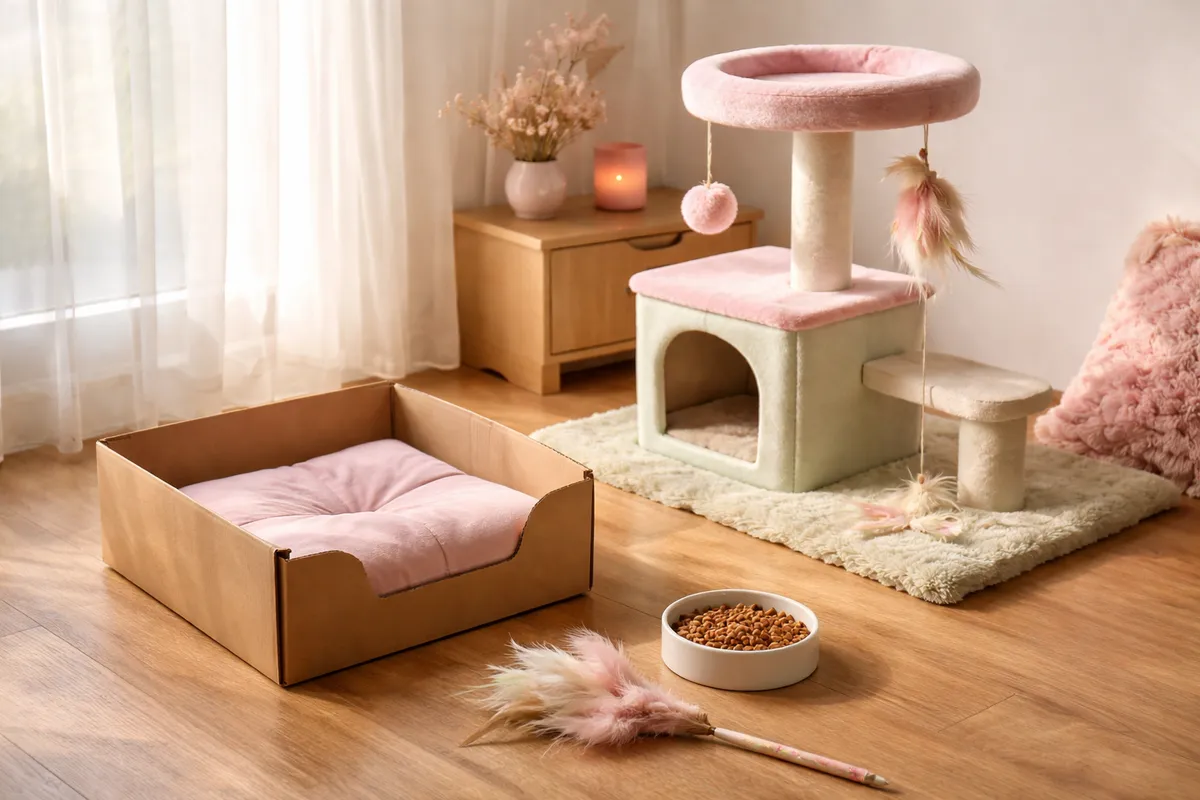 Un arbre à chat rose, une boîte en carton garnie d’un coussin, une plume sur une tige et une gamelle posés sur un parquet