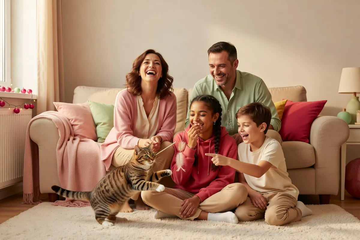 Une famille sur un canapé joue avec un chat tigré à l’aide d’un jouet à plume