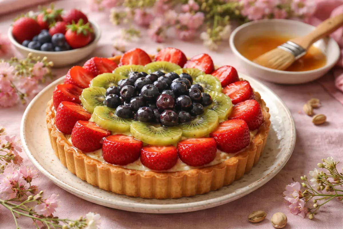 Une tarte aux fraises, kiwis et myrtilles brillante, avec un pinceau de pâtisserie et un bol de nappage à côté