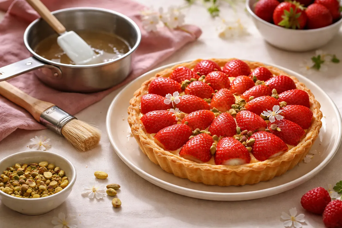 Une casserole de nappage clair avec une spatule, un pinceau et une tarte aux fraises qui attend d’être nappée