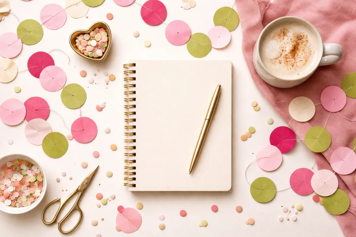 Un carnet fermé, un stylo doré, des guirlandes de papier rose et vert et une tasse de café sur une table claire
