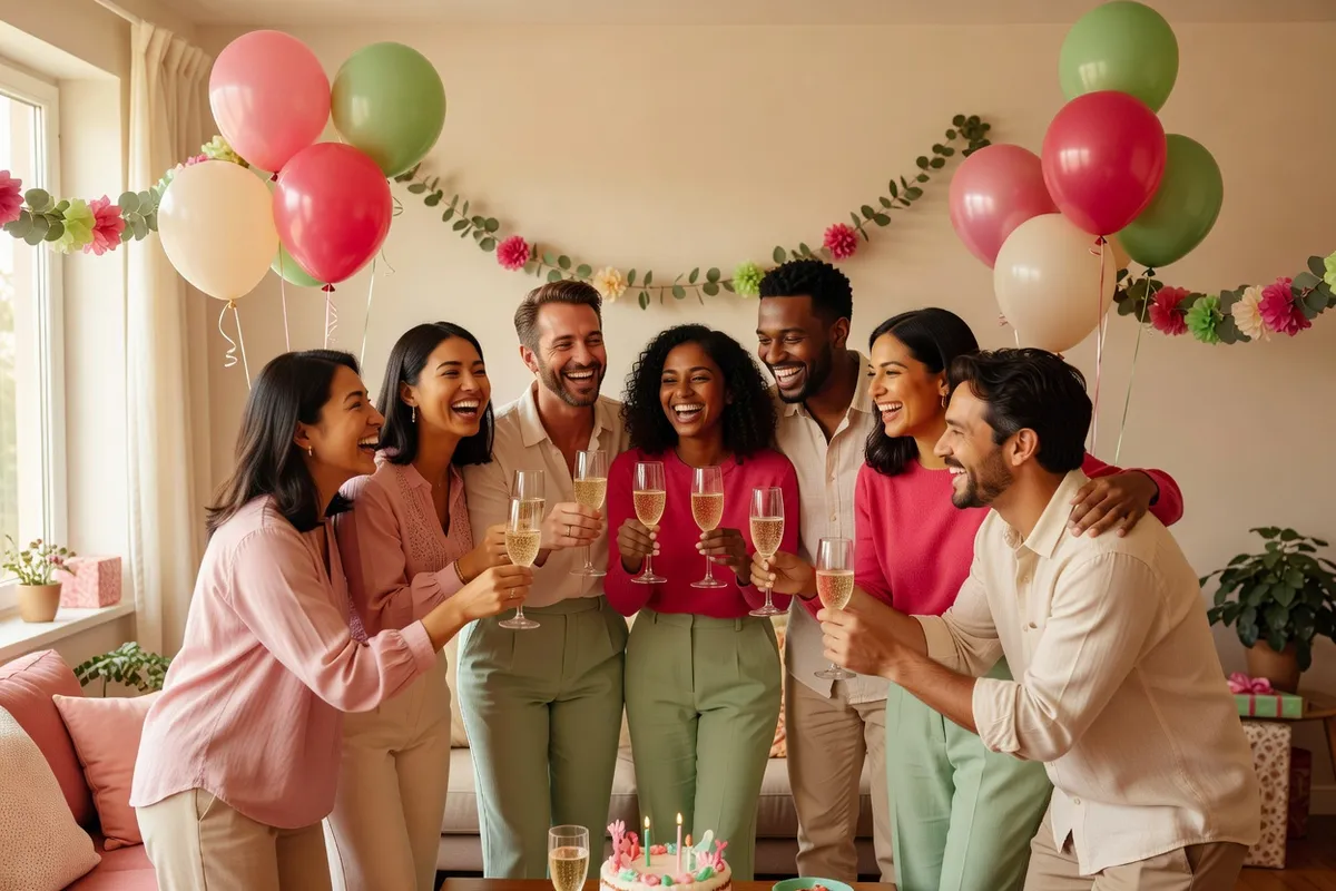 Des amis lèvent leur verre de jus pétillant dans un salon décoré de ballons et de guirlandes pour un anniversaire