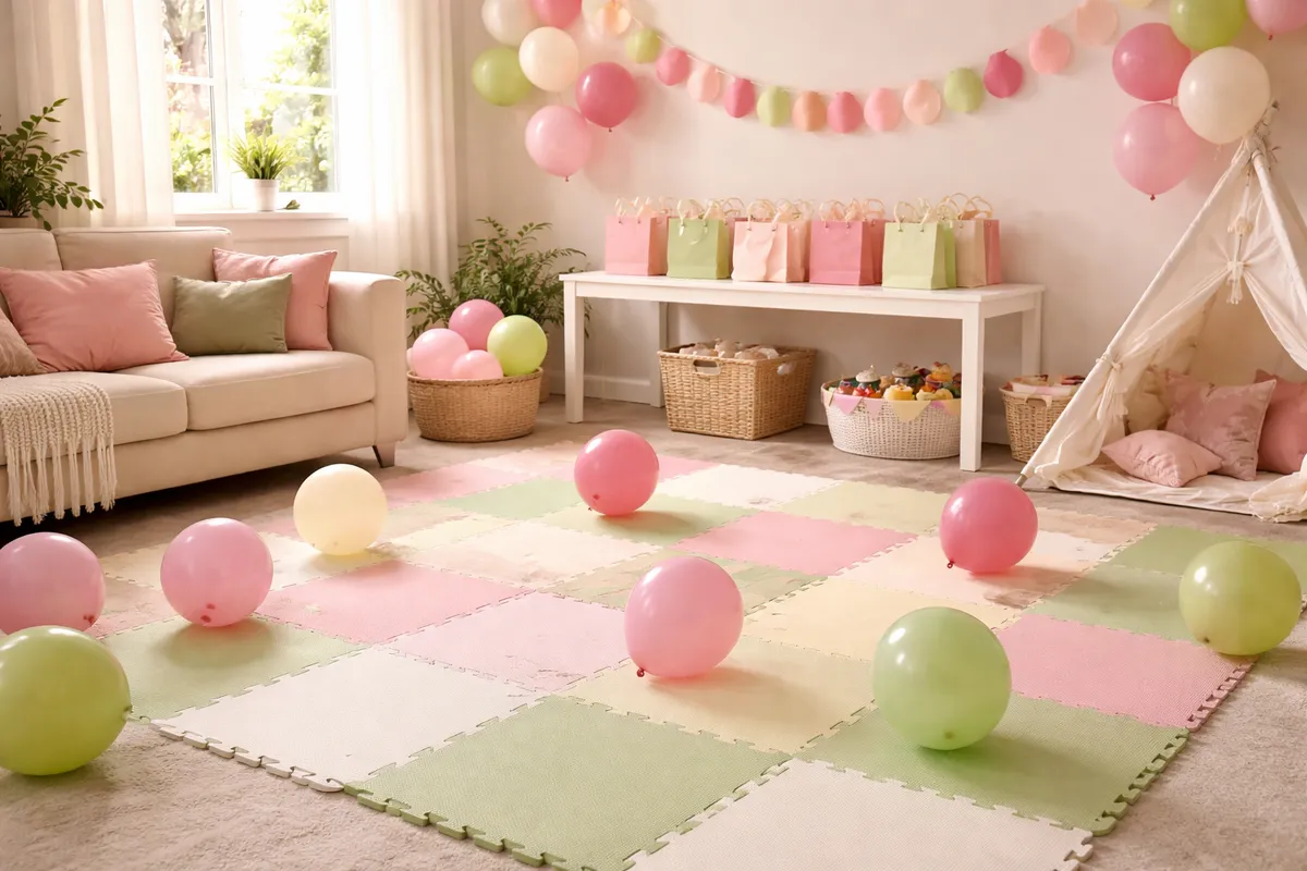 Un salon préparé pour une fête d’enfants, meubles repoussés, tapis de jeu, ballons et petits sacs cadeaux alignés sur une table
