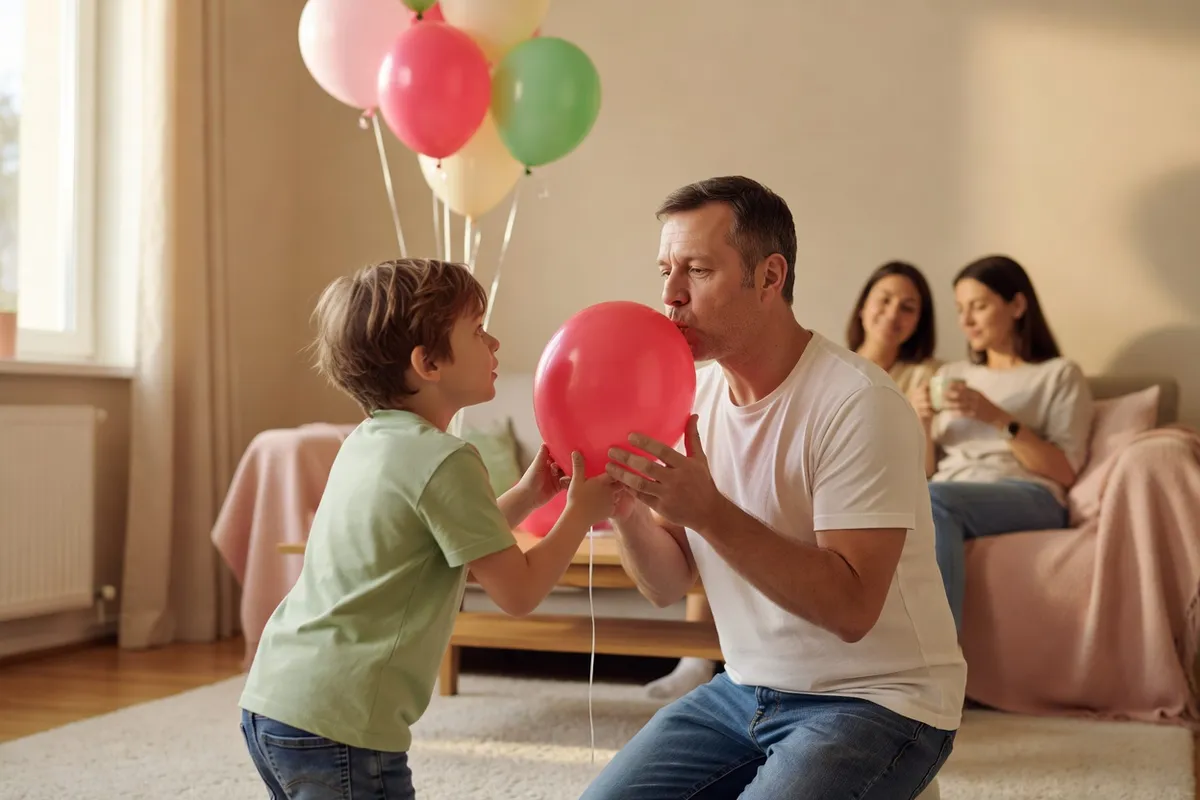 Un père gonfle des ballons dans le salon pendant qu’un enfant l’aide, vus de côté