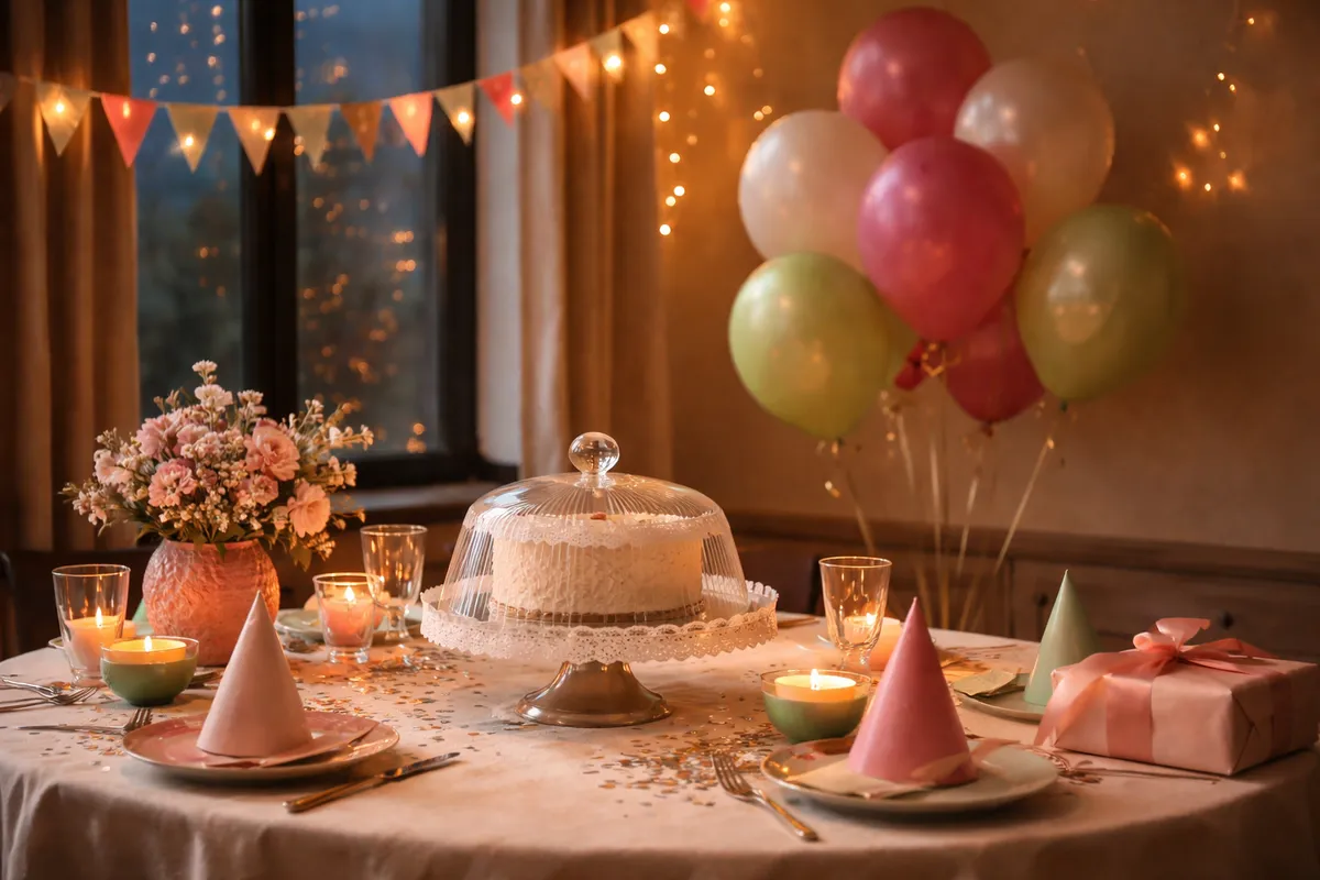 Une table de fête dressée avec un gâteau sous cloche, des ballons, des chapeaux de fête et un cadeau, dans une pièce chaleureuse au crépuscule