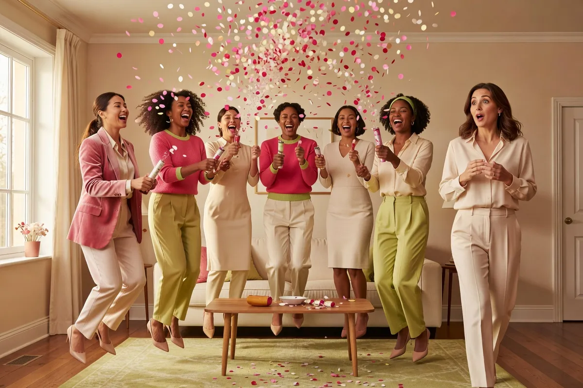 Sept invités en tenues roses et vertes lancent des confettis dans un salon, l’air ravi