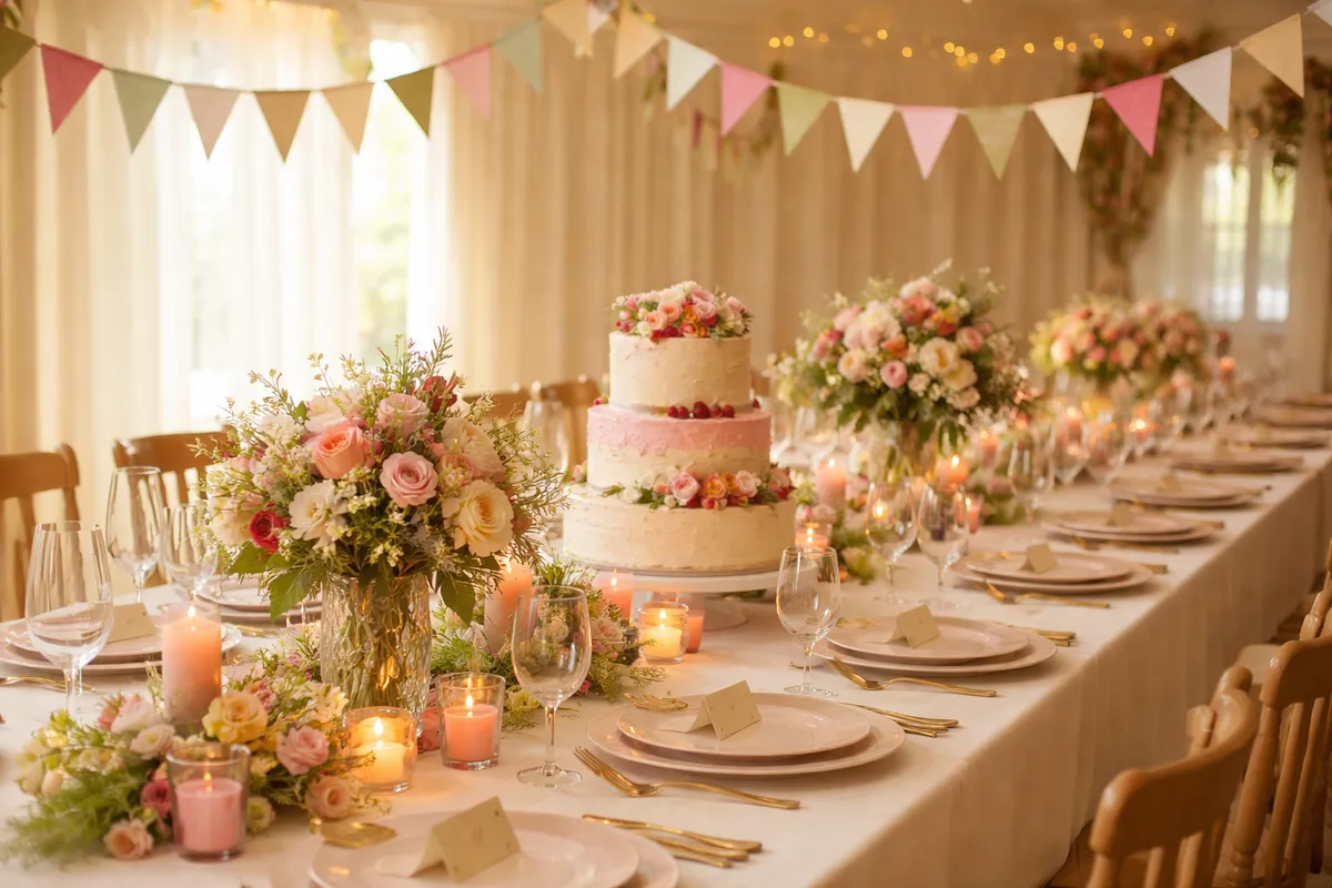 Une table de fête préparée avec cartons de placement, verres, bouquets et gâteau à étages sous des fanions