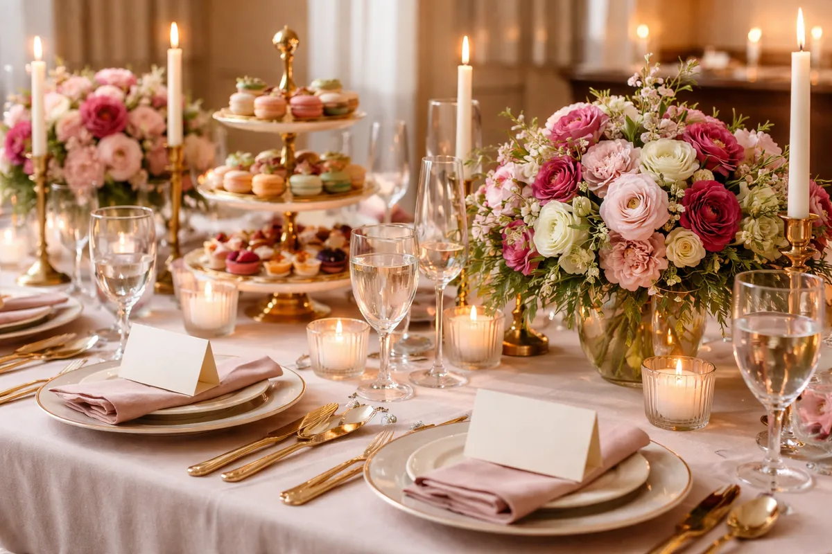 Une table dressée pour une réception avec plan de table sur petits cartons, bougies, bouquets et présentoir à gâteaux
