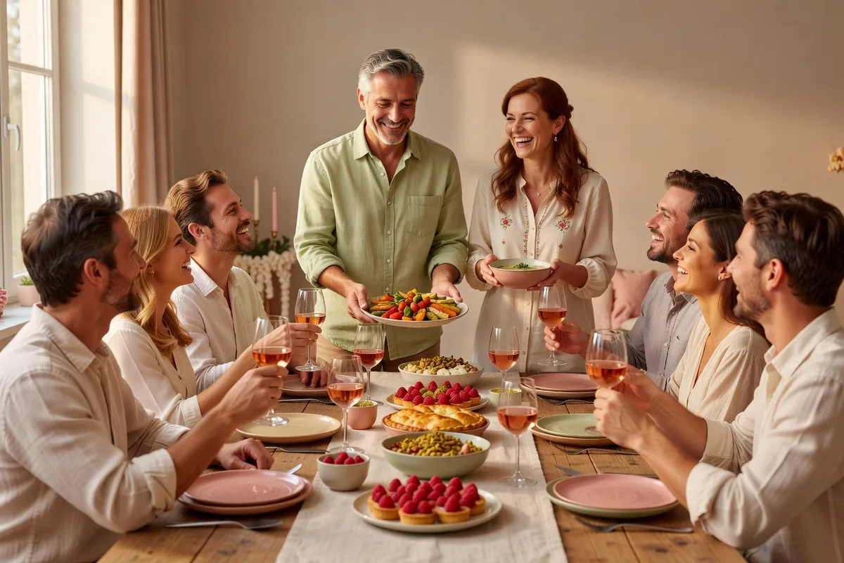 Un couple d’hôtes sert les plats à des amis installés autour d’une table en riant