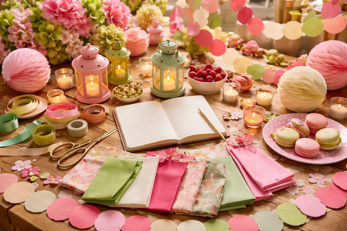 Une table couverte de guirlandes en papier, d’échantillons de tissu, de ciseaux, d’un carnet ouvert, de lanternes et de macarons