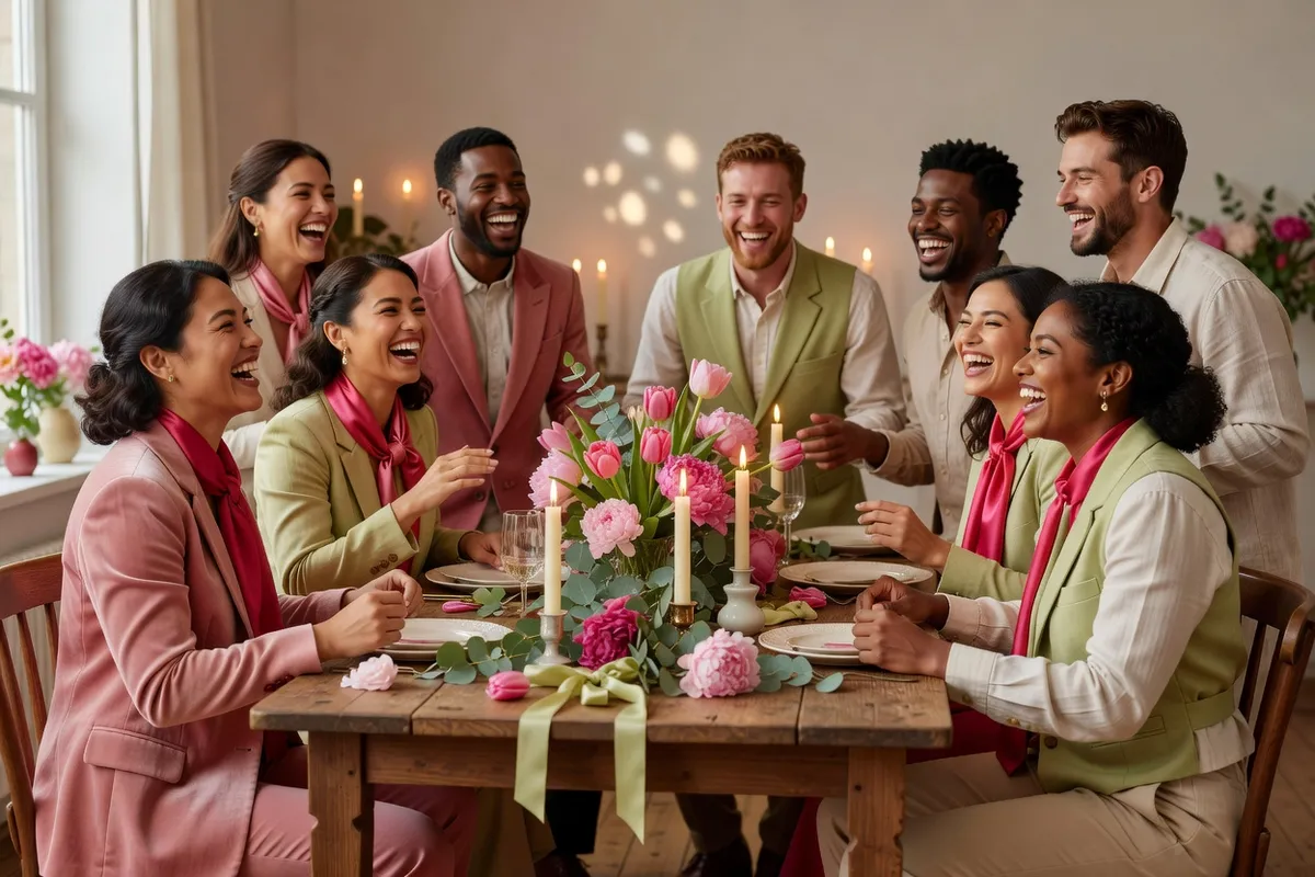 Des amis en tenues roses et vertes rient autour d’une table fleurie éclairée de bougies