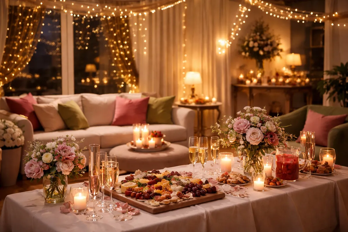 Salon préparé pour une soirée avec lumières douces, coussins et buffet installé contre un mur