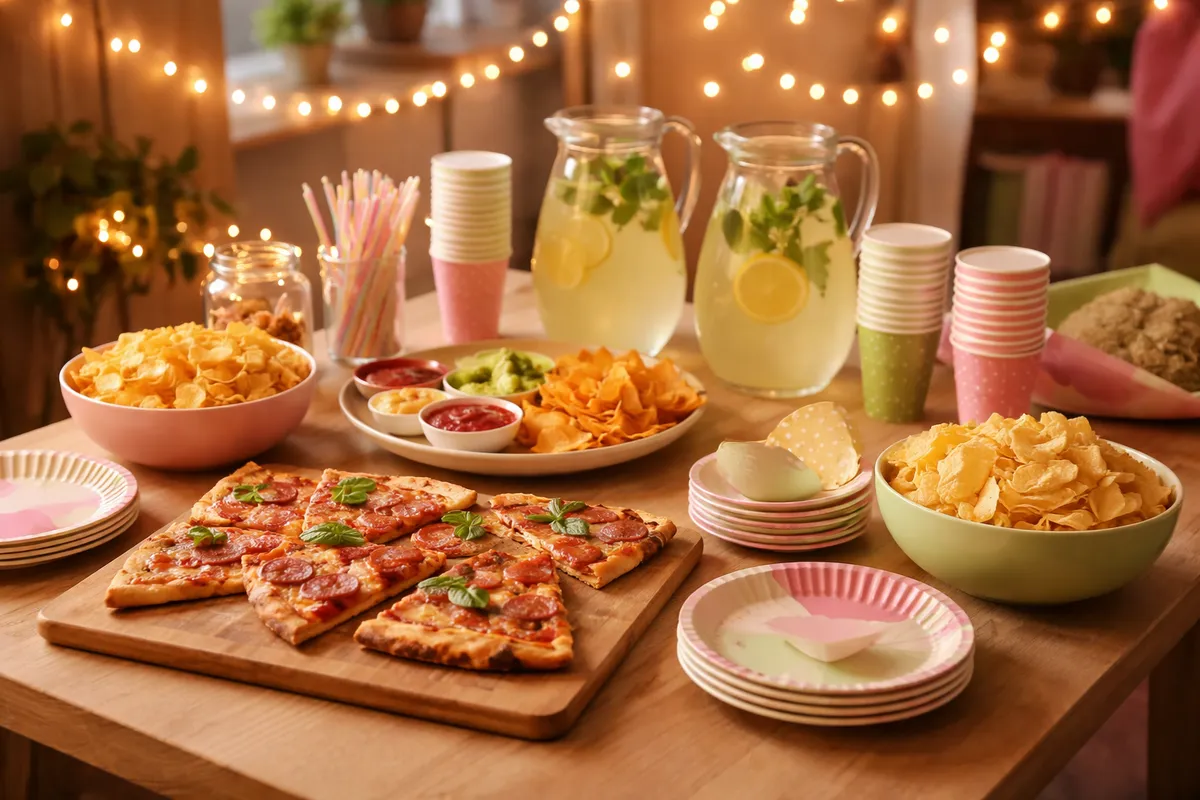 Un buffet étudiant avec des bols de chips, des parts de pizza sur une planche, des pichets de limonade à la menthe, des gobelets et des guirlandes lumineuses