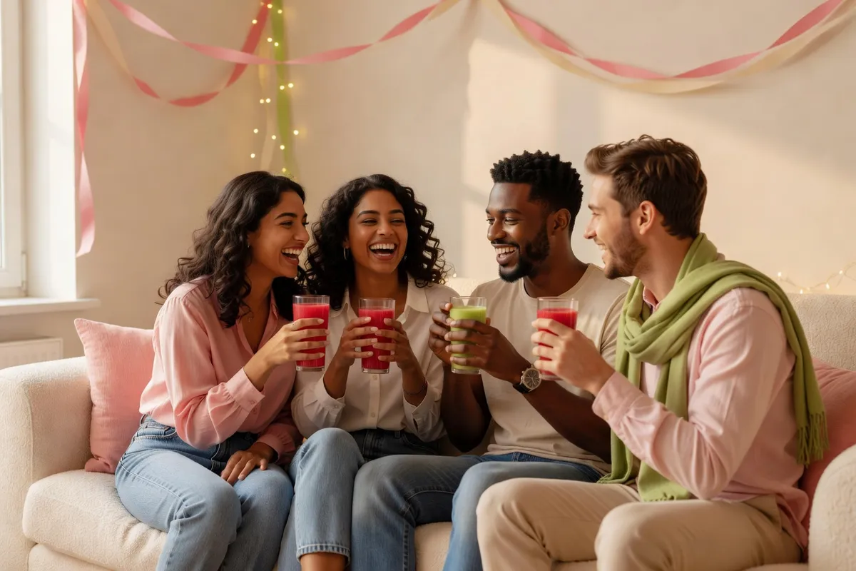 Un groupe d’amis rit sur un canapé dans un petit appartement décoré, avec des boissons sans alcool à la main