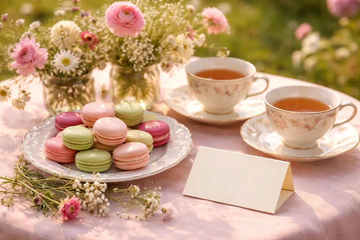 Deux tasses de thé, une assiette de macarons et une carte vierge posées sur une table fleurie en plein air
