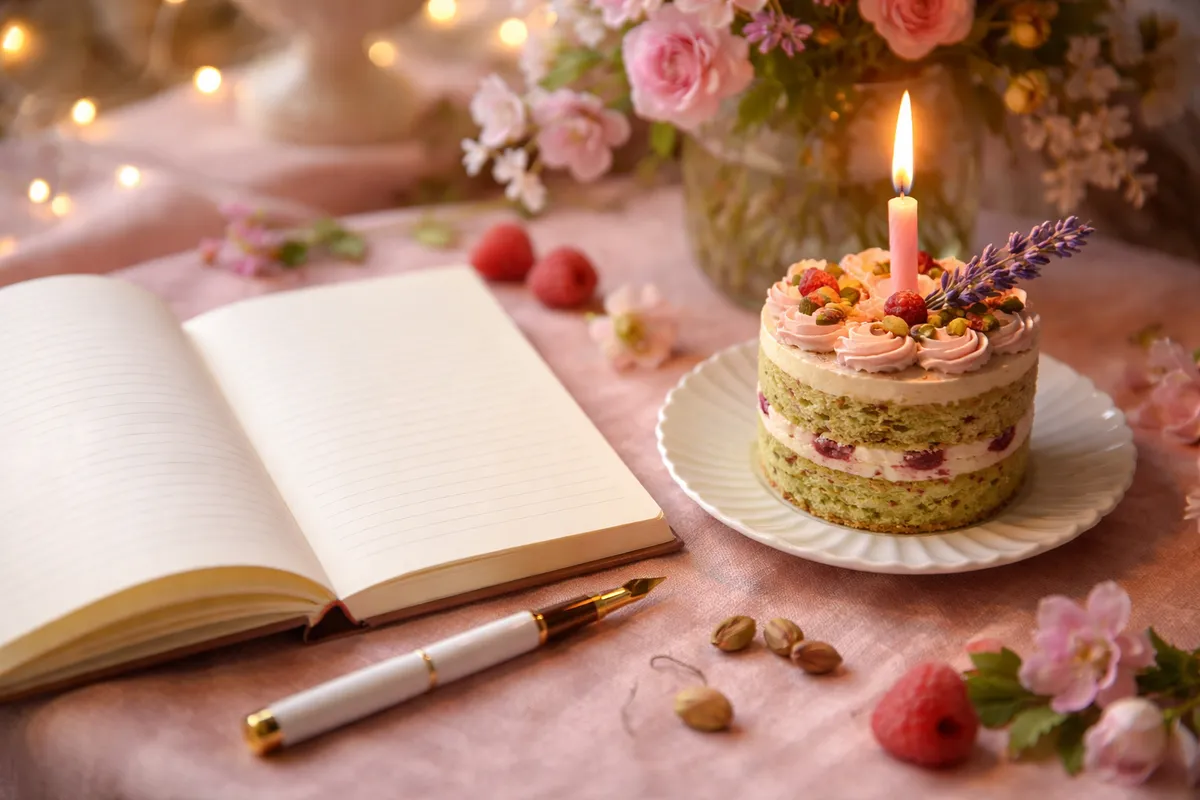 Un carnet ouvert aux pages vierges, un stylo plume et une part de gâteau à la bougie allumée sur une table fleurie