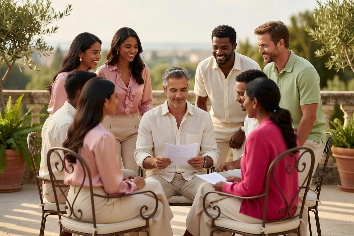 Un groupe d’amis assis en cercle sur une terrasse écoute une personne lire une feuille