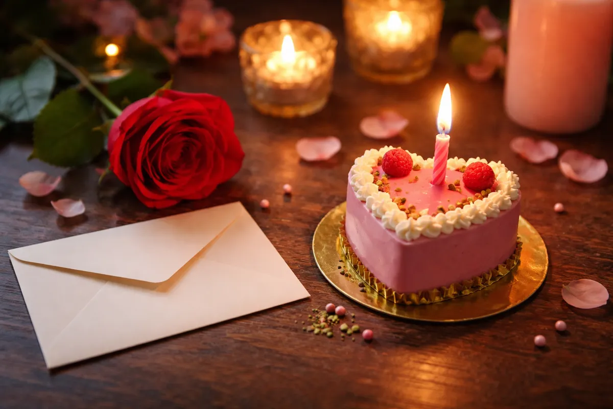 Un gâteau en forme de cœur à la bougie allumée, une rose rouge et une enveloppe posés à la lueur de bougies